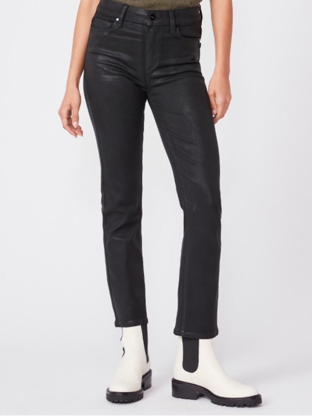 NWOT PAIGE Cindy High Rise Straight Leg Jeans Black Fog Luxe Coating Women’s 27